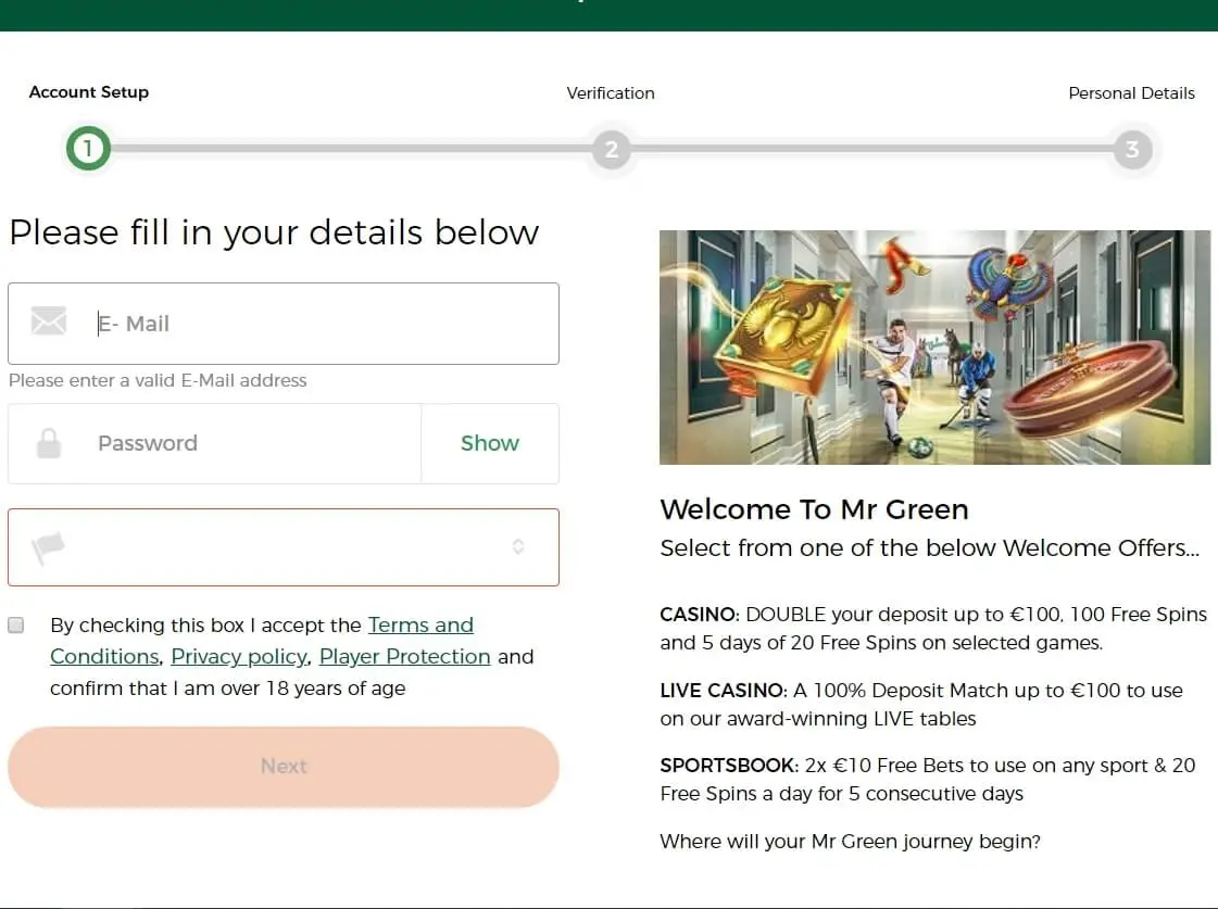 Registrierungsformular – Spielerkonto mit E-Mail-Adresse und Passwort erstellen